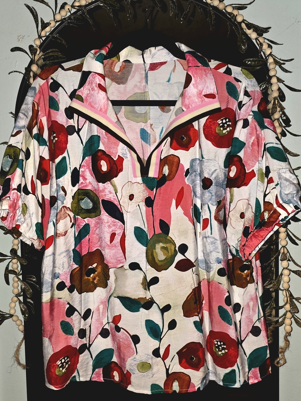 Bright Floral Popover Blouse in Pink & Red